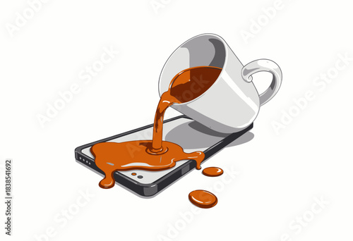Spilled Coffee on Smartphone Illustrating Technology Vulnerability and Accidental Damage