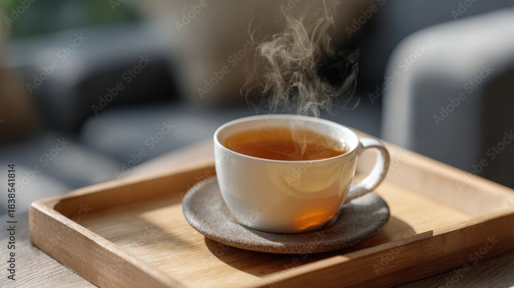 Obraz premium Cup of hot tea placed on a wooden tray with steam rising in a cozy indoor space during the afternoon hours