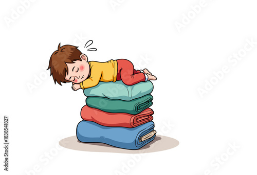 Adorable Cartoon Child Resting Peacefully on a Stack of Soft Colorful Blankets in a Charming and Cozy Illustration