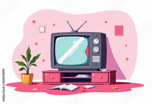Vintage Television in Retro Living Room with Pink Decor Featuring Plant and Open Books on Wooden Stand