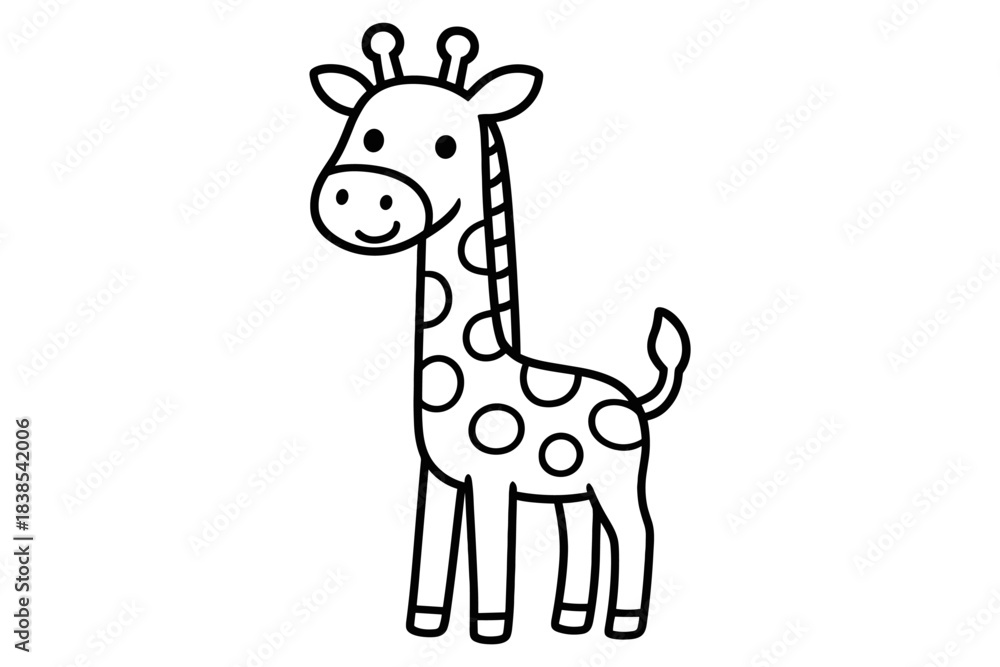 Naklejka premium Cute smiling giraffe in simple black and white line art for kids' coloring activities