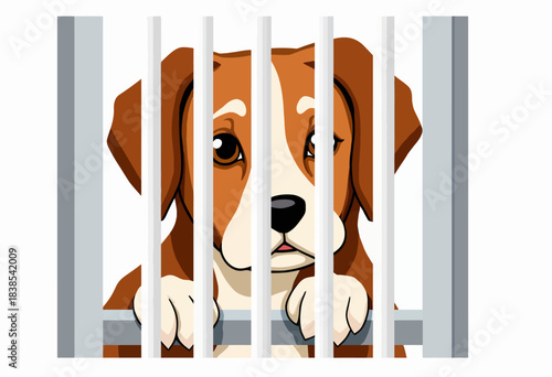 Heartfelt illustration of a dog behind bars, symbolizing animal care and adoption awareness with an expressive and hopeful canine face