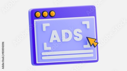 Animated 3D Online Advertisement Icon in Web Browser Window. Digital Marketing and Click Ad Loop Video