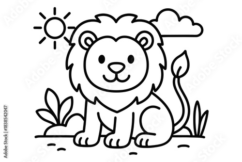 Cute lion outline with sun and clouds in a simple cartoon style
