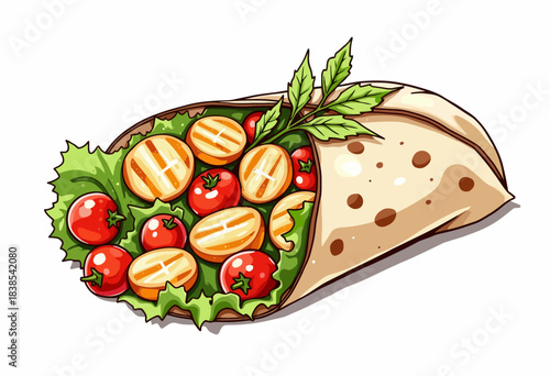 Deliciously Illustrated Wrap Filled with Grilled Vegetables, Fresh Greens, and Ripe Tomatoes, Depicting a Healthy and Vibrant Meal Choice