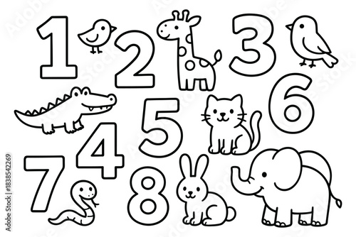 Cute animal numbers for kids: fun outline coloring page