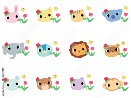 動物の顔　アイコンセット　チューリップ