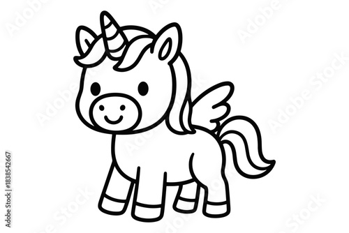 Cute unicorn with wings outline art for coloring and design projects