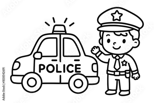 Cute police officer and car coloring page for kids fun learning activity
