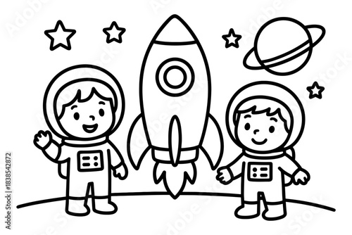 Kids in space suits with rocket and stars in cute outline style