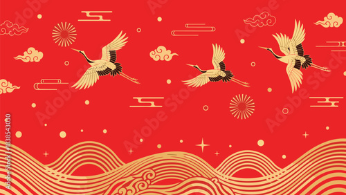 East Asian crane art, red background, flying birds, gold clouds, celestial design, traditional motif, flat vector illustration