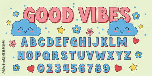 Good vibes design, cute clouds, colorful elements, decorative alphabet, cheerful layout, positive message, playful style, flat vector illustration