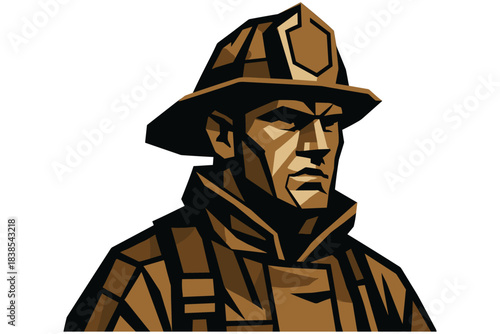 Bold geometric firefighter art: heroic and stylized portrait design