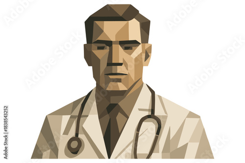 Geometric male doctor portrait with stethoscope in cubist style