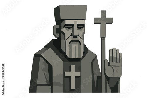 Geometric monochrome clergy figure with religious symbolism