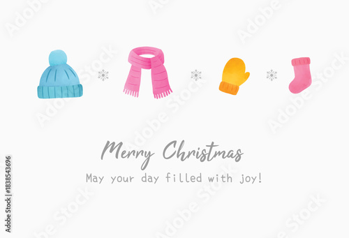 Elegant christmas greeting card template design editable with winter accessories like hat, hand glove, scarf, sock in watercolor style