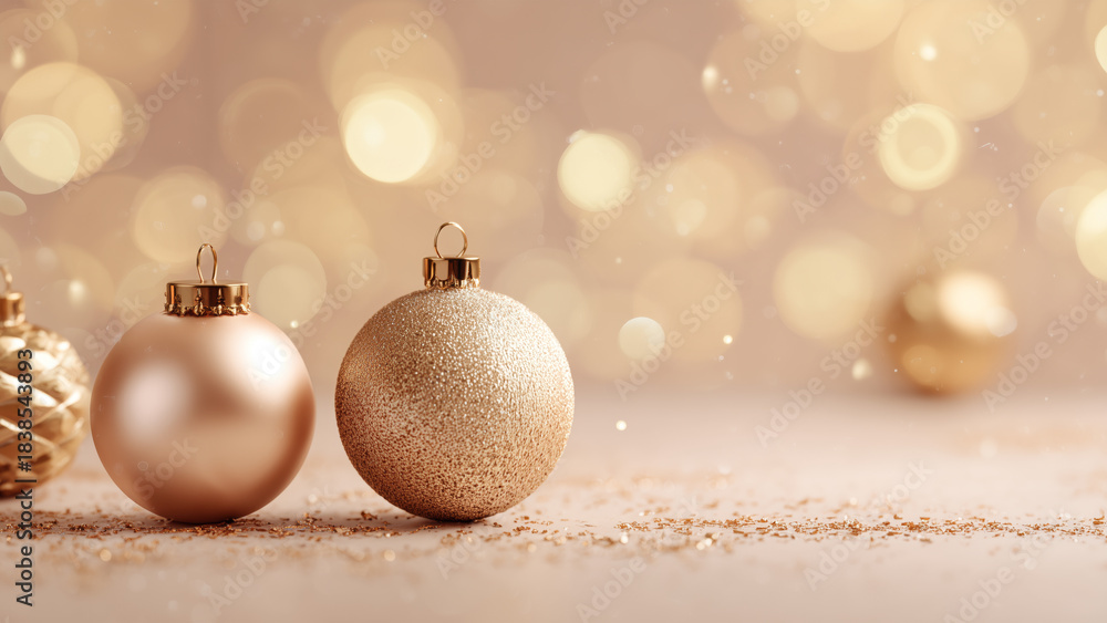 Naklejka premium Elegant Gold Christmas Baubles on Soft Glitter Background