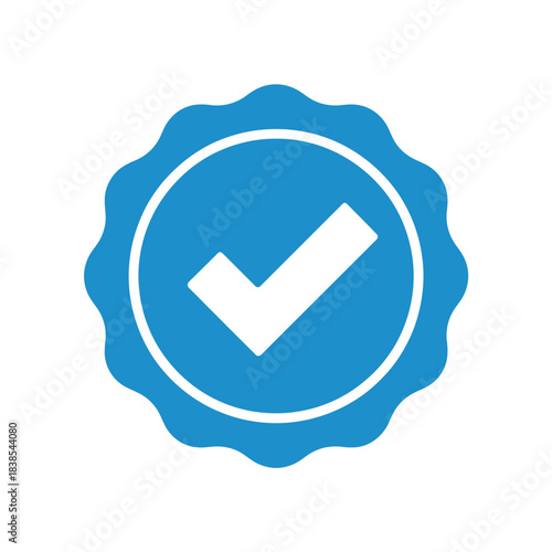 A blue circular seal with a white checkmark inside, indicating approval or verification.