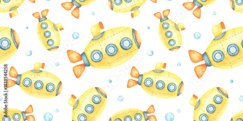 Yellow submarine and bubbles Hand drawn watercolor seamless pattern. Kids background of cute underwater transport. Nursery print children room design, fabric, wrapping paper, baby bedding