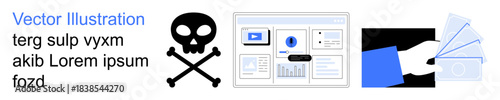 Cybersecurity, data risks, financial fraud, digital threats, online security, identity protection. Skull and crossbones, security dashboard hand holding money. Cybersecurity and data risks concept