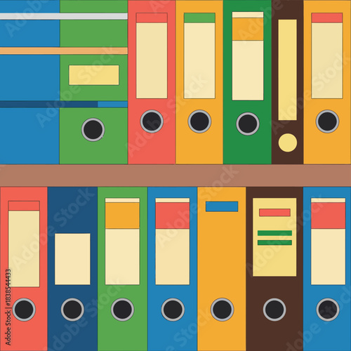 Colorful office binders neatly organized on a wooden shelf are ready for filing.
