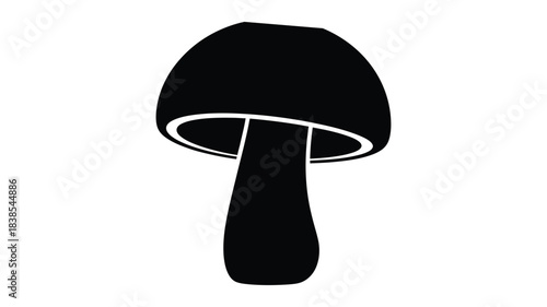 A simple black and white illustration depicts a single mushroom with a rounded cap and stem