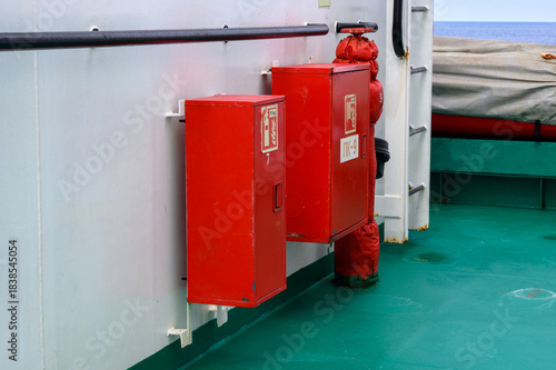 Emergency equipment on a ship near the Russian coast in calm waters