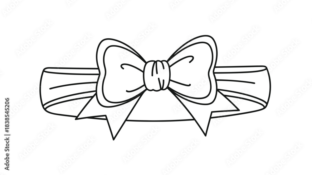 Fototapeta premium A simple black and white line drawing depicts a classic bow with flowing ribbon tails