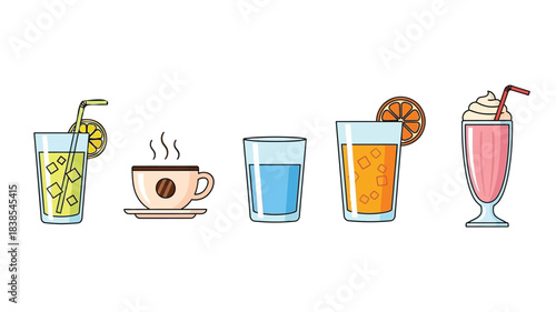 A colorful illustration showcasing various refreshing beverages including juices coffee and milkshakes
