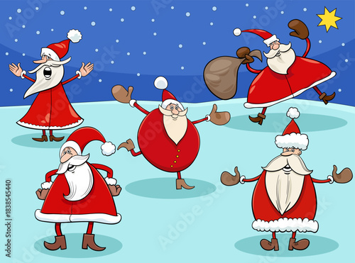cartoon Santa Clauses characters group on Christmas time