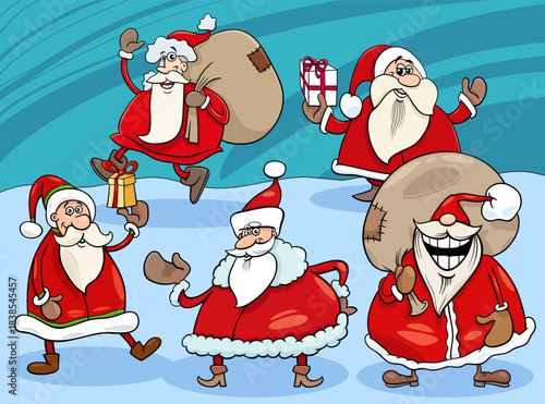 happy cartoon Santa Clauses characters on Christmas time
