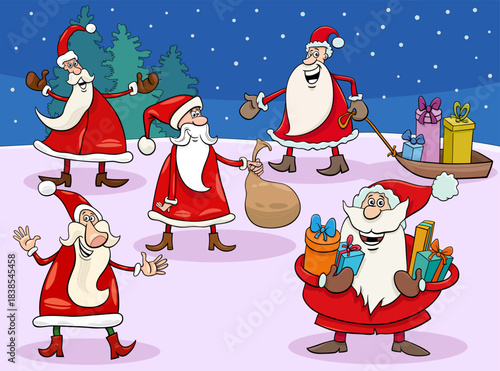 funny cartoon Santa Clauses characters group on Christmas time