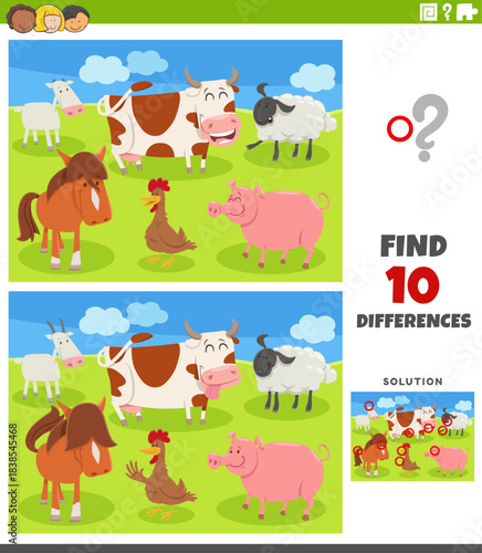differences activity puzzle with happy cartoon farm animals group
