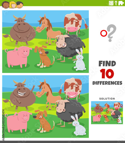 differences activity puzzle with cartoon farm animals group