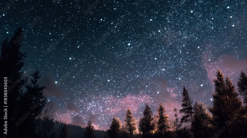 Fototapeta premium The night sky is filled with bright stars and constellations. Tall trees outline the bottom of the scene. Hues of pink and purple are visible indicating twilight.