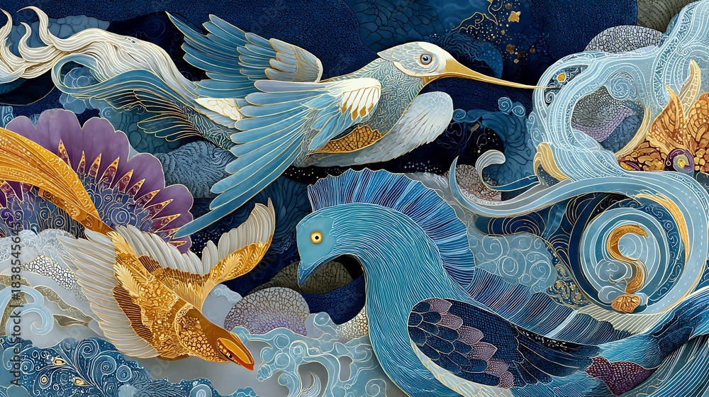 Naklejka premium Elegant Birds in Flight with Ornate Blue and Gold Details image photo