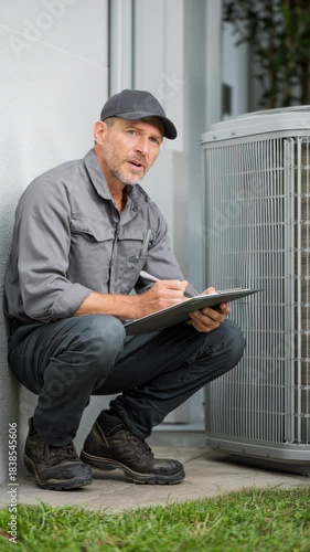 Hvac technician inspecting air conditioning unit