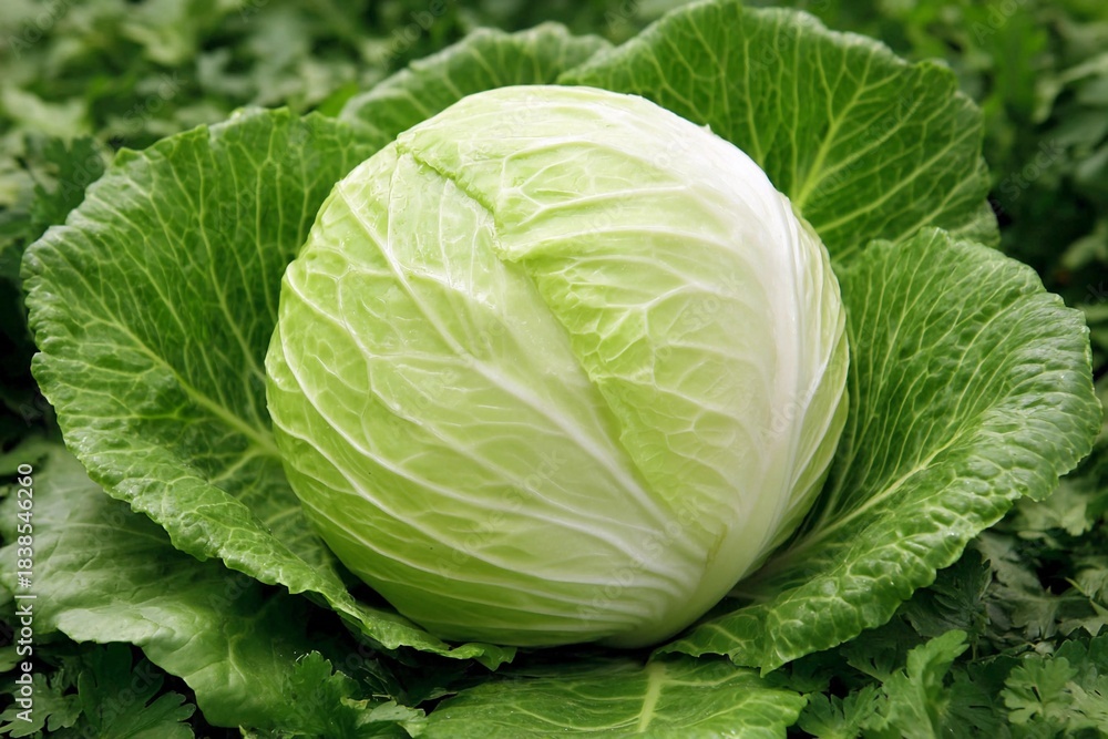 Fototapeta premium Fresh cabbage sits on green leaves in a garden
