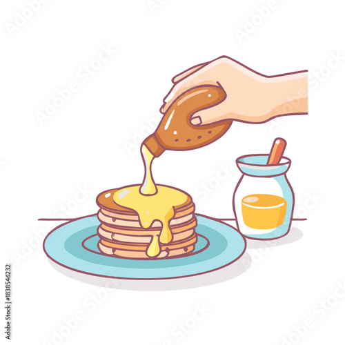 Close-up of female hand pouring maple syrup over stack of pancakes. Woman serving homemade pancakes on breakfast table.