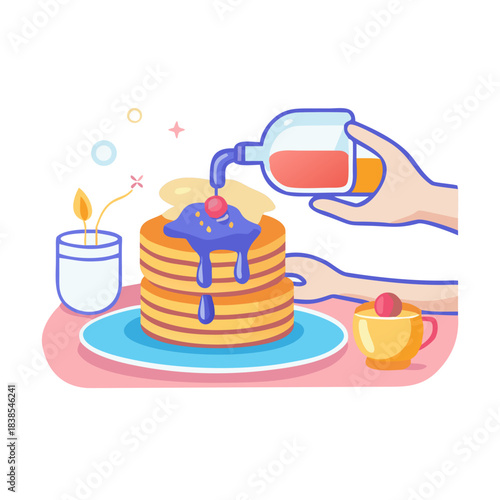 Close-up of female hand pouring maple syrup over stack of pancakes. Woman serving homemade pancakes on breakfast table.