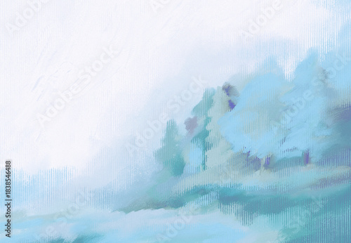 Impressionistic Landscape of Misty or Foggy Pine & Deciduous Forest at a Lakeside Shoreline-Digital Painting, Art, Illustration, Design, Artwork-in Light Pastel Blue, Green/Teal w/Texture