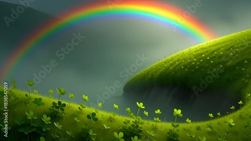Rainbow above green hills and clovers in a scene celebrating St. Patrick's Day in a countryside landscape