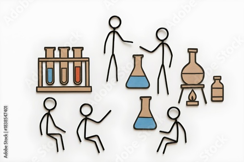 Paper and wire science classroom with stick-figure students and playful lab setup