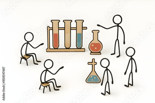 Paper and wire science classroom with stick-figure students and playful lab setup