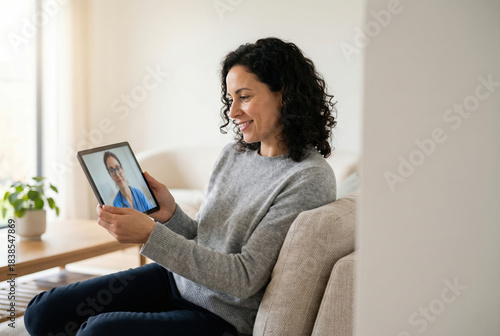 Woman smiling during a virtual doctors appointment at home