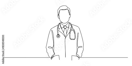 Continuous one line of a doctor with stethoscope, symbolizing healthcare, care, and professionalism, hand drawn vector illustration.