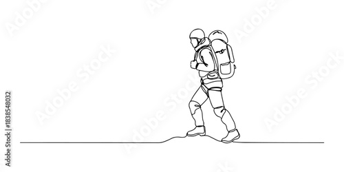 Continuous one line of a mountaineer with backpack, representing adventure, strength, and perseverance, hand drawn vector illustration.