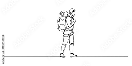 Continuous one line of a mountaineer with backpack, representing adventure, strength, and perseverance, hand drawn vector illustration.