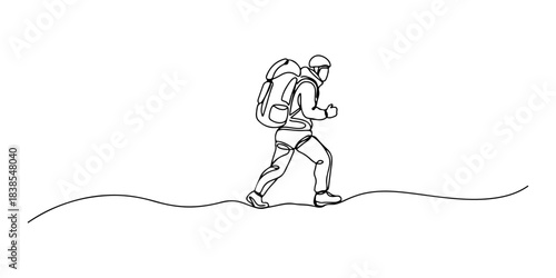 Continuous one line of a mountaineer with backpack, representing adventure, strength, and perseverance, hand drawn vector illustration.