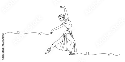 Continuous one line of a dancer on stage, symbolizing art, rhythm, and performance, hand drawn vector illustration.
